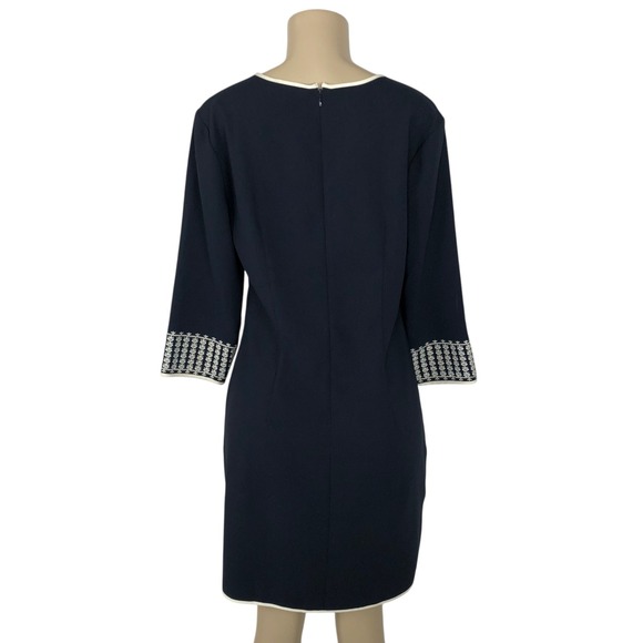 Ann Taylor Embroidered Kaftan Shift Dress Size M 3/4 Sleeve V-Neck Navy Blue - Picture 4 of 11